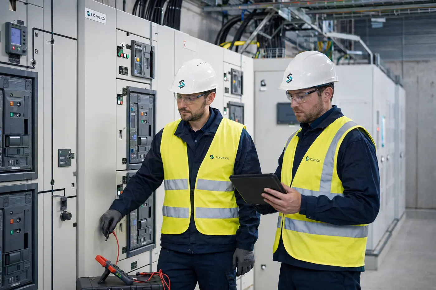 Echipă SOVECO verificând o instalație electrică industrială