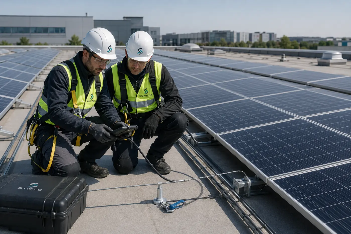 Ingineri SOVECO la un sistem fotovoltaic instalat pe acoperiș industrial