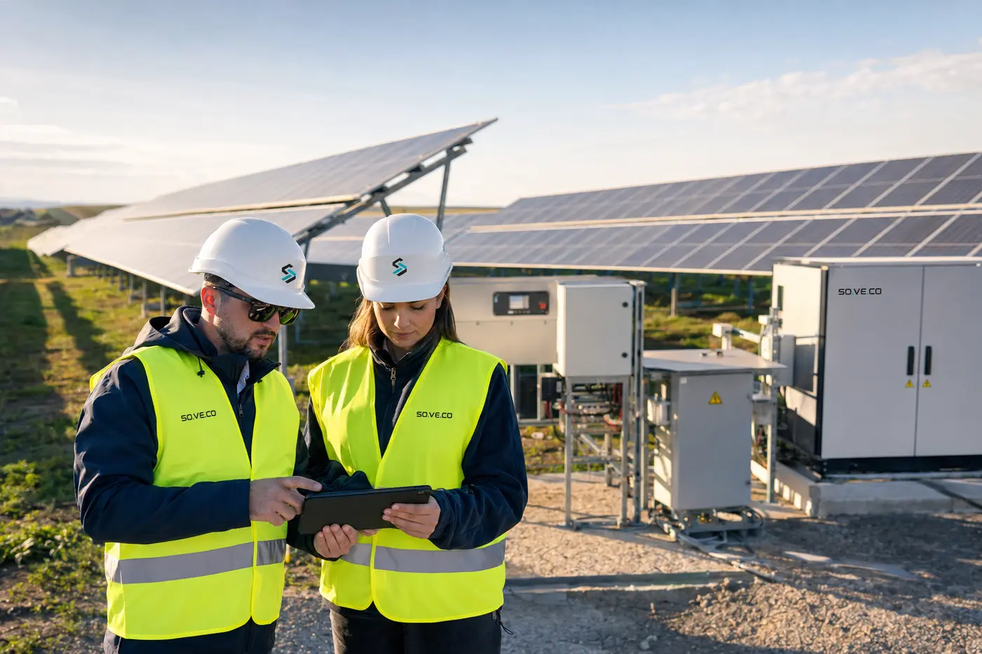 Ingineri SOVECO inspectând o centrală fotovoltaică la sol