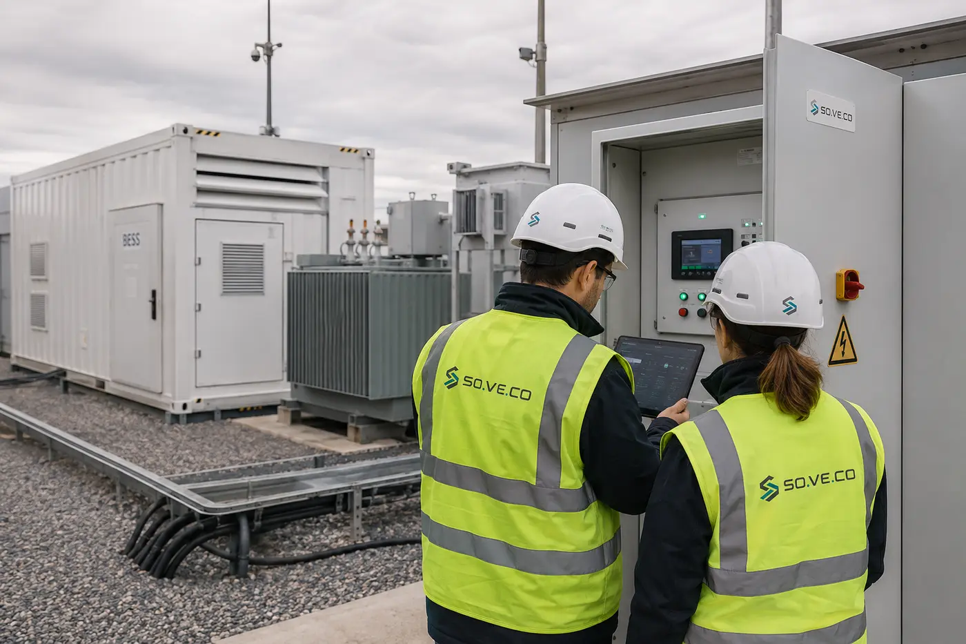 Ingineri SOVECO configurând un sistem de stocare a energiei